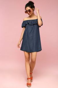 Lulus Standout Style Chambray Off-the-Shoulder Dress