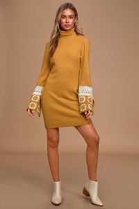 Lulus It's Groovy Mustard Yellow Multi Knit Turtleneck Sweater Dress