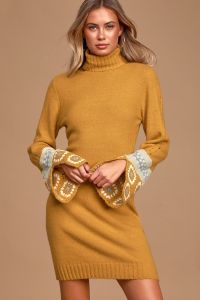 Lulus It's Groovy Mustard Yellow Multi Knit Turtleneck Sweater Dress