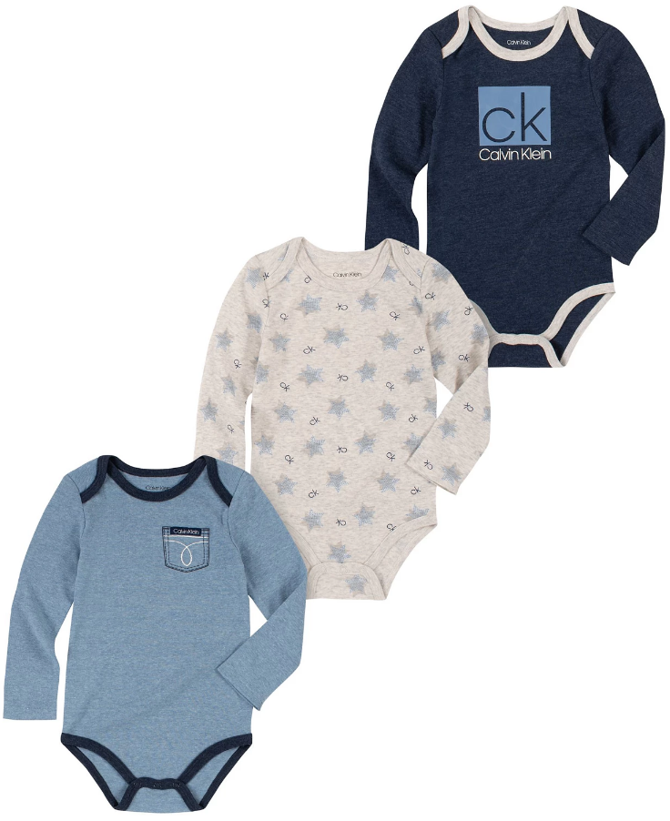 Calvin Klein Baby Boy Long Sleeve Signature Bodysuits Set, 3 Piece