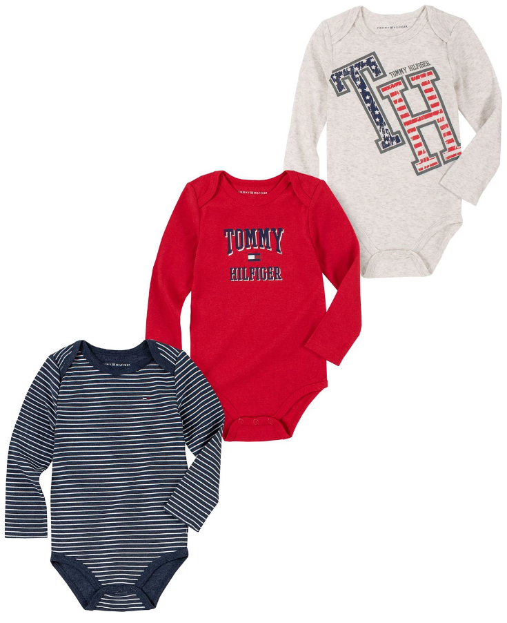 Tommy Hilfiger Baby Boys Long Sleeve Signature Bodysuits, Pack of 3