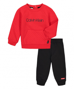 Calvin Klein Red Logo Crewneck Sweatshirt & Black Joggers - Infant  | 3 - 6 m, 6 - 9 m