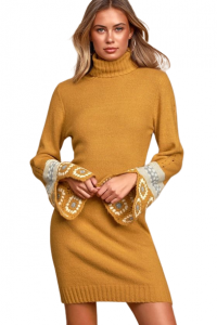 Lulus It's Groovy Mustard Yellow Multi Knit Turtleneck Sweater Dress | XS