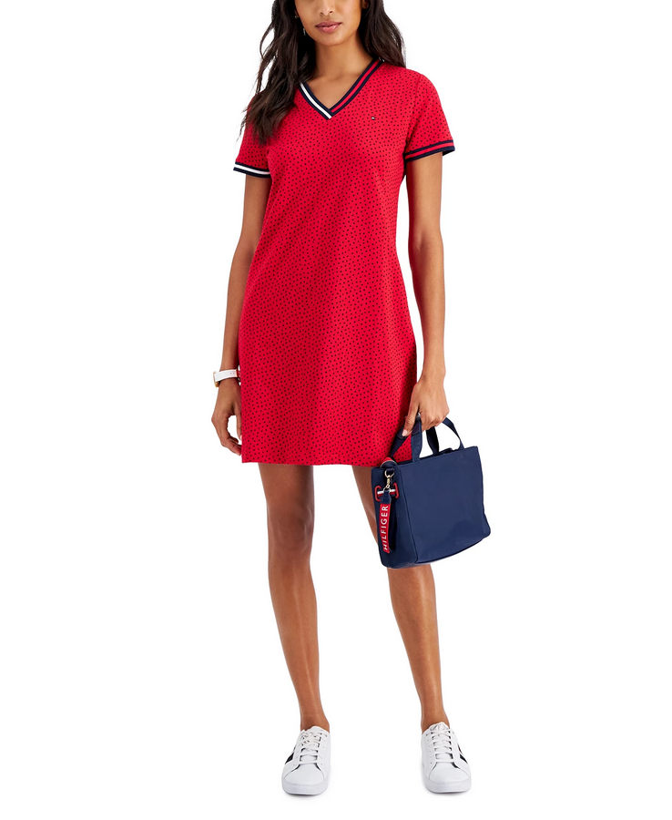 Tommy Hilfiger Dot-Print V-Neck T-Shirt Dress red