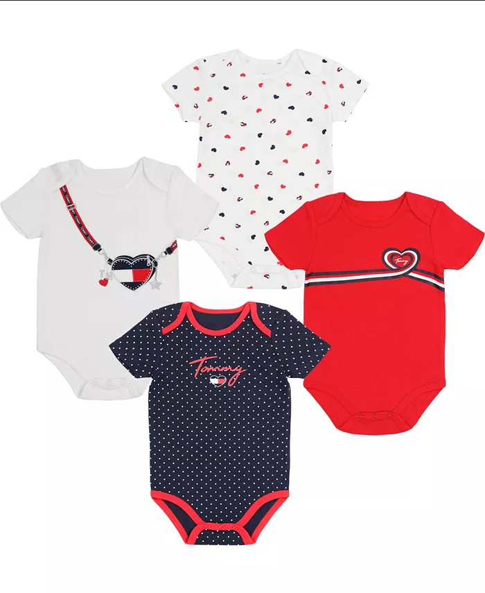 Tommy Hilfiger Baby Girls Signature Bodysuits Set, 4 Piece