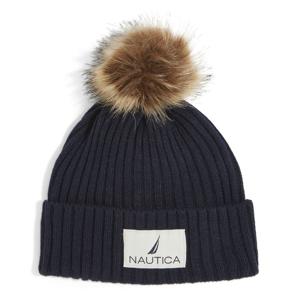 NAUTICA RIBBED HAT WITH FAUX FUR TRIM