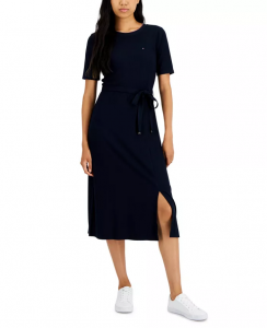 Tommy Hilfiger Women's Ribbed Belted Midi Dress | M