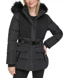 KARL LAGERFELD PARIS Women's Faux-Fur-Trim Hooded Puffer Coat  | XS, S, XL