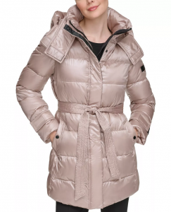 KARL LAGERFELD PARIS Women's Belted Hooded Puffer Coat  | XS, S, M, L, XL