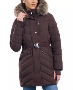 Michael Kors Women's Belted Faux-Fur-Trim Hooded Puffer Coat | S, M, L, XL, XXL