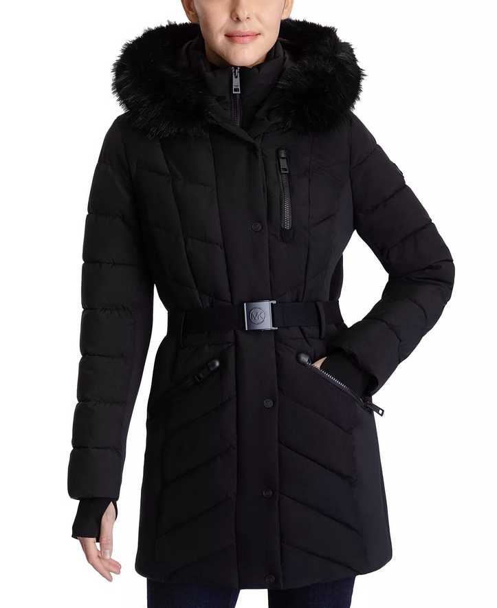 Michael Kors Belted Faux Fur Trim Hooded Puffer Coat
