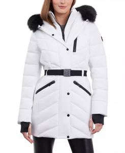 Michael Kors Women's Belted Faux-Fur-Trim Hooded Puffer Coat | XS, S, M, L, XL, XXL