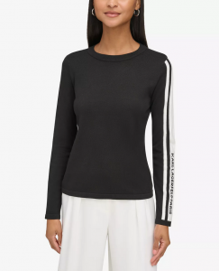 KARL LAGERFELD Women's Striped Logo-Sleeve Sweater