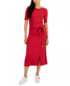 Tommy Hilfiger Women's Ribbed Belted Midi Dress