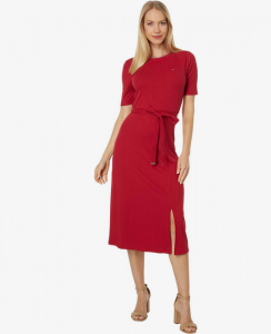Tommy Hilfiger Women's Ribbed Belted Midi Dress